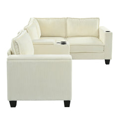 L-shaped 4-seater 105.5''*66.5'' corduroy sofa, large storage armrests with center console, USB charging, left and right seats can be switched, 2 packages of 130