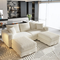 82.7 ' Plush Corduroy 3-Seat Sofa, Modern Comfy Upholstered Sofa Cloud Couch, Deep Seat Couches with Soft Pillows and 2 Ottomans, Convertible Sofa Lounge Chair, for Living Room,Apartment,Office,Beige
