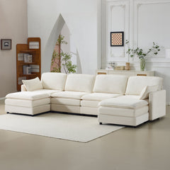136' Plush Cloud 3-seater Sofa: Modular 4-seater Sofa + 2 Footstools with 22' Beige Chenille Cushions + 2 Throw Pillows - Compact Size for Apartment, Living Room, Bedroom (Beige)