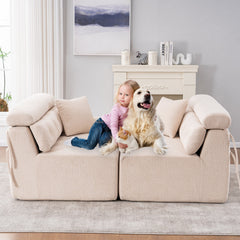 LY-029 APRICOT COMPRESSION SOFA: 4-seater combined sofa, Wood Grain Chenille fabric, full sponge compression sofa,combined sofa with 2 pillows  for living/ Home Furniture/ Apartment