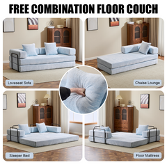 Floor Couch,Compression Sofa,Convertible Floor Sofa Bed-with Pillow Back Support Armrest,Comfy Futon Couch Lounge Sleeper Bed,Chenille fabric,for Living Room Bedroom (LIGHT-BLUE)