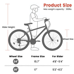 A24338 24 Inch Carbon Steel Frame Mountain Bike,21-Speed Dual V-Brake, Adult and Teens Bicycle for Mountain