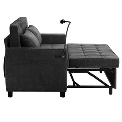 Contemporary 56.9' Loveseat Sofa Bed Sleeper with Reversible Backrest, Side Pockets, USB Ports, Phone Holder, Black Chenille