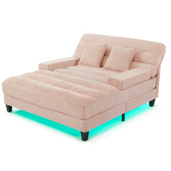Modern Chaise Lounge Sofa 57.1' Sofa Bed with Adjustable Backrest and LED Light Strip, Pink Chenille Upholstered