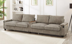 Modern 4-Seater Corduroy Sofa Couch with USB Ports, Hidden Storage Arms, and Flip-Top Cup Holders, Brown, 133 Inches