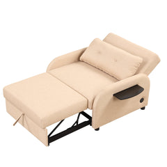 Versatile Pull Out Sofa Sleeper 3 in 1 with Wing Table & USB Charge, Beige Linen, Compact Design