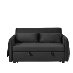 55' Modern Convertible Sofa Bed with 2 Detachable Arm Pockets, Velvet Loveseat Sofa with Pull Out Bed, 2 Pillows and Living Room Adjustable Backrest, Grid Design Armrests