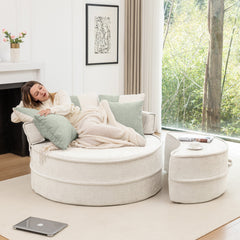 Modern Oversized Beige Round Barrel Accent Chair with Ottoman - Velvet Upholstered Lounge Armchair with 5 Pillows for Living Room or Bedroom
