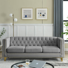 {Contact us for 3D modeling}  Velvet Sofa for Living Room,Buttons Tufted Square Arm Couch, Modern Couch Upholstered Button and Metal Legs, Sofa Couch for Bedroom, Grey Velvet .2PCS