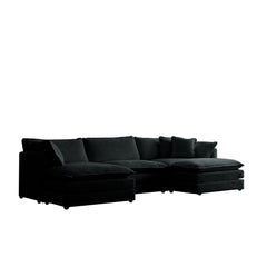 U-Shaped Sectional Sofa w/Reversible Footrest, 5-Seater Convertible Corner Couch with 2 Ottomans ,Modern Minimalist Soft Sofa & Couch for Living Room , Black Chenille