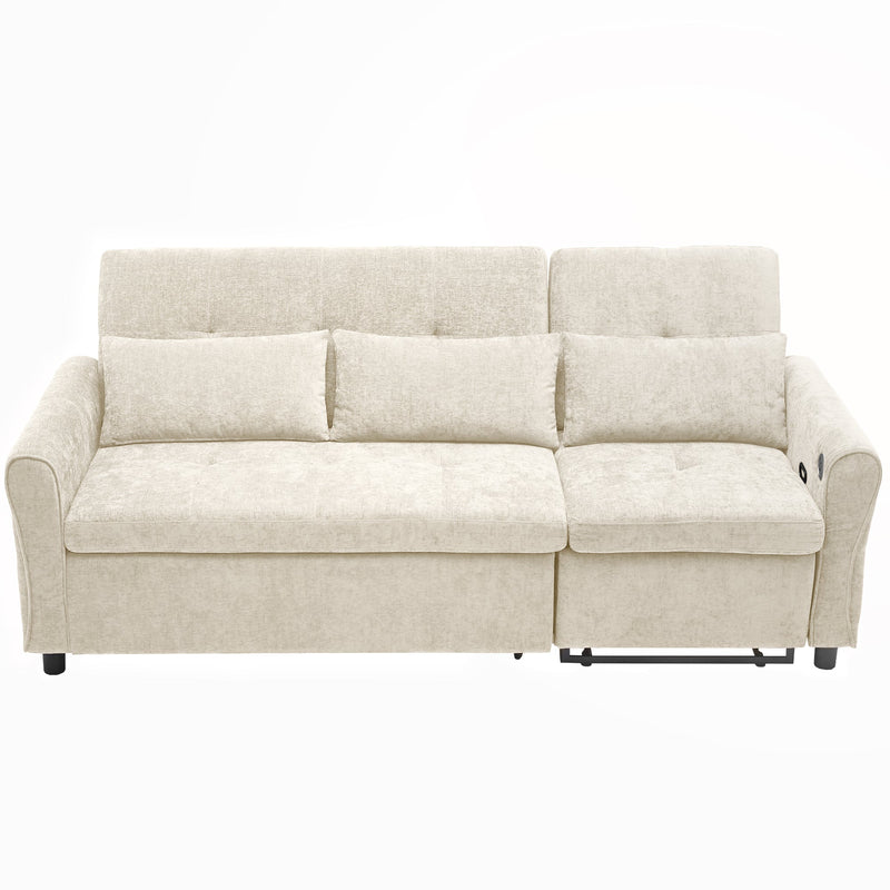 Beige 2-in-1 82' Three-seater Sofa with Pull-out Bed and Reversible Recliner, Chenille Upholstery
