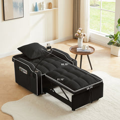 Convertible 3-in-1 Sofa Bed with Multi-Pockets and Adjustable Sleeper in Black Velvet