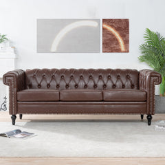 Traditional Dark Brown 3 Seater Sofa with Removable Cushions and Square Arms in PU Material