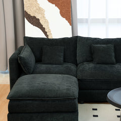 U Shaped Sectional Cloud Couch for Living Room,144' Comfy Fluffy Modular Sofa with Movable Ottoman Modern Chenille 6 Seat Sectional Sofa Set with Console, Cup Holders,Black