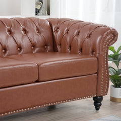 Classic Chesterfield Three Seater Sofa Brown PU Leather with Rolled Arms and Birch Legs 84.65 Inches