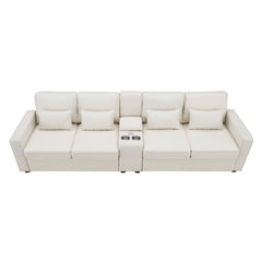 [VIDEO provided] [New] 114.2' Upholstered Sofa with Console, 2 Cupholders and 2 USB Ports Wired or Wirelessly Charged, Modern Linen Fabric Couches with 4 Pillows for Living Room, Apartment (4-Seat)