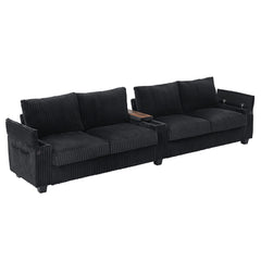 Modern 4-Seater Corduroy Sofa Couch with USB Ports and Hidden Storage in Black