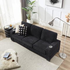Modern Corduroy Fabric Sofa, 3-Seater Compressed Couch with Cup Holders, Black, 84.25'