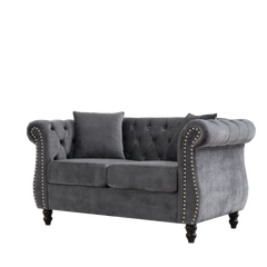 58.8' Chesterfield Sofa Grey Velvet for Living Room, 2 Seater Sofa Tufted Couch with Rolled Arms and Nailhead for Living Room, Bedroom, Office, Apartment, two pillowsW834S00069
