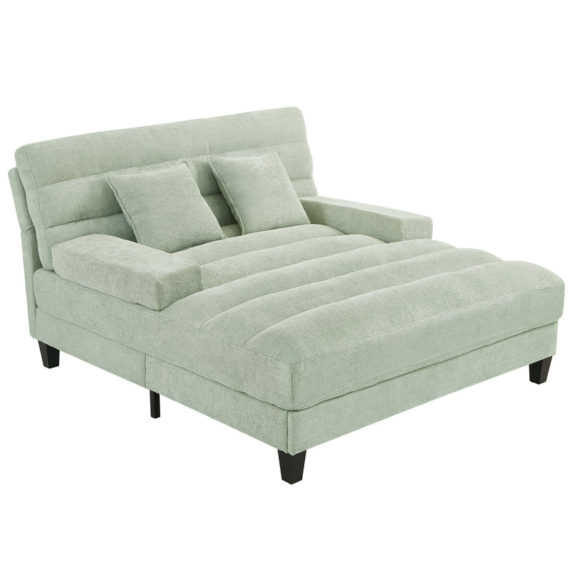 Modern Chaise Lounge Sofa Bed with Adjustable Backrest and LED Light Strip, Green Chenille Upholstered, 57.1 Inches
