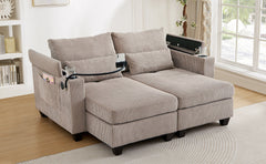 Convertible Chaise Lounge 63' Loveseat Sofa Bed with USB Ports, Cup Holders, Phone Holder, Storage, Brown Corduroy
