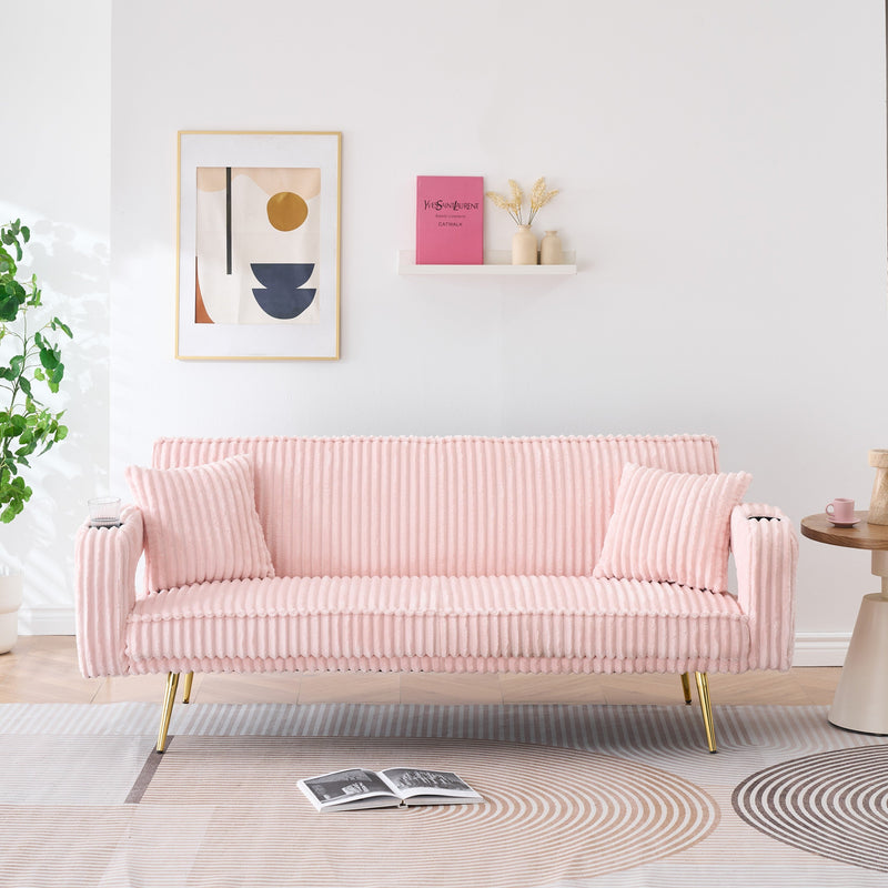 74.01 inch straight corduroy sofa bed with pillows, adjustable in three levels, designed in a minimalist style, suitable for use in living rooms and study rooms.Pink
