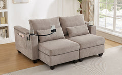 Convertible Chaise Lounge 63' Loveseat Sofa Bed with USB Ports, Cup Holders, Phone Holder, Storage, Brown Corduroy