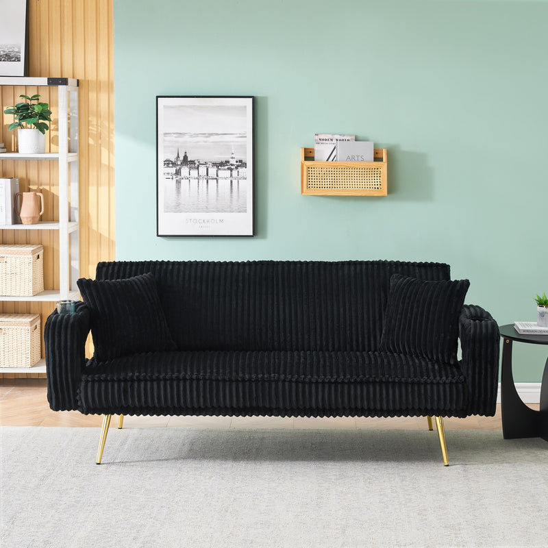 74.01 inch straight corduroy sofa bed with pillows, adjustable in three levels, designed in a minimalist style, suitable for use in living rooms and study rooms.Black