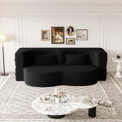Modern Floor Sofa with 2 Pillows,Convertible Teddy Fabric Foam Filled Sleeper Sofa Bed,15 ' Full Size Folding Mattress for Living Room,Guest Bed,Playroom,No Assembly Required,Black