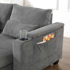 Convertible Chaise Lounge Sofa Chair Corduroy Sleeper with USB Ports, Cup Holders, Storage, Grey