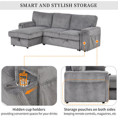 U_STYLE Upholstery Sleeper Sectional Sofa with Storage Bags and 2 cup holders  on Arms
