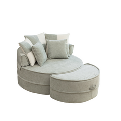 Modern Oversized Blue Round Barrel Accent Chair with Ottoman - Velvet Upholstered Lounge Armchair with 5 Pillows for Living Room or Bedroom