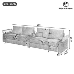 Modern 4-Seater Corduroy Sofa Couch with USB Ports, Hidden Storage, Flip-Top Cup Holders, Blue, 133'