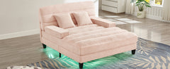 Modern Chaise Lounge Sofa 57.1' Sofa Bed with Adjustable Backrest and LED Light Strip, Pink Chenille Upholstered