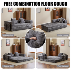 Floor Couch,Compression Sofa,Convertible Floor Sofa Bed-with Pillow Back Support Armrest,Comfy Futon Couch Lounge Sleeper Bed,Chenile fabric,for Living Room Bedroom (DARK-GREY)