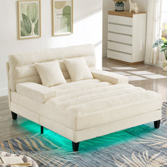 Modern Chaise Lounge Sofa 57.1' Sofa Bed Chenille Upholstered Lounge Sofa Chair with Adjustable Backrest and LED Light Strip, Beige