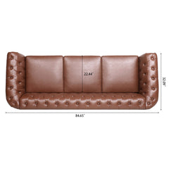 Classic Chesterfield Three Seater Sofa Brown PU Leather with Rolled Arms and Birch Legs 84.65 Inches