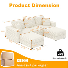 82.7 ' Plush Corduroy 3-Seat Sofa, Modern Comfy Upholstered Sofa Cloud Couch, Deep Seat Couches with Soft Pillows and 2 Ottomans, Convertible Sofa Lounge Chair, for Living Room,Apartment,Office,Beige