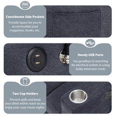 Convertible Sofa Bed Loveseat with USB Ports, Side Pockets, Cup Holders, and Phone Holder in Blue Grey Bella Fabric, 55.9'