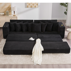 [NEW ARRIVED] [VIDEO PROVIDED] 110.75' Modular L Shaped Sofa, Corduroy Fabric Sectional Couch,With a movable footstool, Cup Holders,Bring 8 throw pillows,Side Pocket,Unfold into a Bed,Black