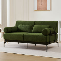 Modern Loveseat Sofa 2-Seater with USB Ports, Cylindrical Armrests, Green Chenille, 59 Inch