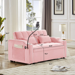 1 versatile foldable sofa bed in 3 lengths, modern sofa sofa sofa velvet pull-out bed, adjustable back and with USB port and ashtray and swivel phone stand (pink)