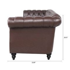 Dark Brown PU Rolled Arm Chesterfield Three Seater Sofa with Solid Wood Frame and Birch Legs