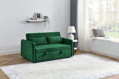 55' Modern Convertible Sofa Bed with 2 Detachable Arm Pockets, Velvet Loveseat Sofa with Pull Out Bed, 2 Pillows and Living Room Adjustable Backrest, Grid Design Armrests