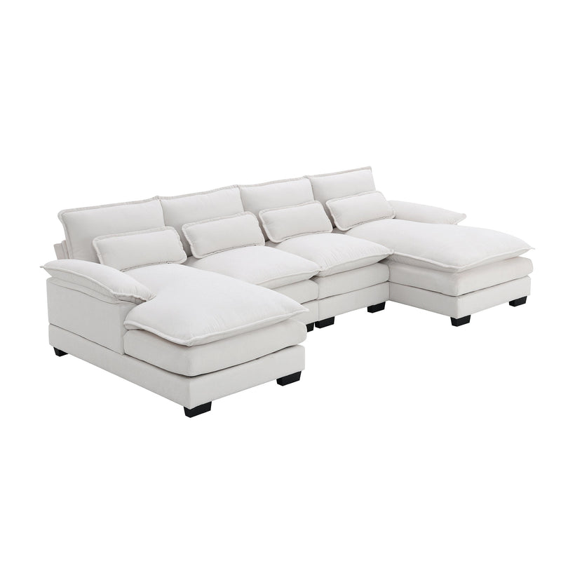 Modern U-shaped Sectional Sofa with Waist Pillows, 6-Seat Upholstered Symmetrical Sofa Furniture, Sleeper Sofa Couch with Chaise Lounge, Chenille and Velvet Options