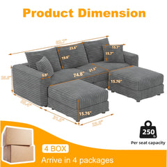 82.7 ' Plush Corduroy 3-Seat Sofa, Modern Comfy Upholstered Sofa Cloud Couch, Deep Seat Couches with Soft Pillows and 2 Ottomans, Convertible Sofa Lounge Chair, for Living Room,Apartment,Office,Grey