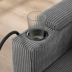 Convertible Chaise Lounge Sofa Chair Corduroy Sleeper with USB Ports, Cup Holders, Storage, Grey