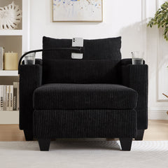 Convertible Chaise Lounge Sofa Chair Bed with USB Ports, Cup Holders & Storage, Black Corduroy, 37.4'