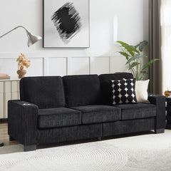 Modern Corduroy Fabric Sofa, 3-Seater Compressed Couch with Cup Holders, Black, 84.25'