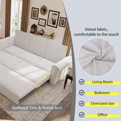 93.7' King Pull Out Sofa Bed, Chesterfield Sofa, 3-in-1 Velvet Convertible Sleeper Sofa with Nailhead Trim & Rolled Arm, Multi-Functional Sofa Bed for Living Room, Bedroom, Apartment, Office, Beige